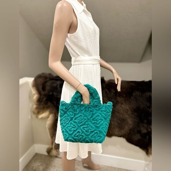 Turquoise Handmade Real Embossed Shearling Top Handle Bag, Fur Tote, Crossbody - Picture 3 of 14